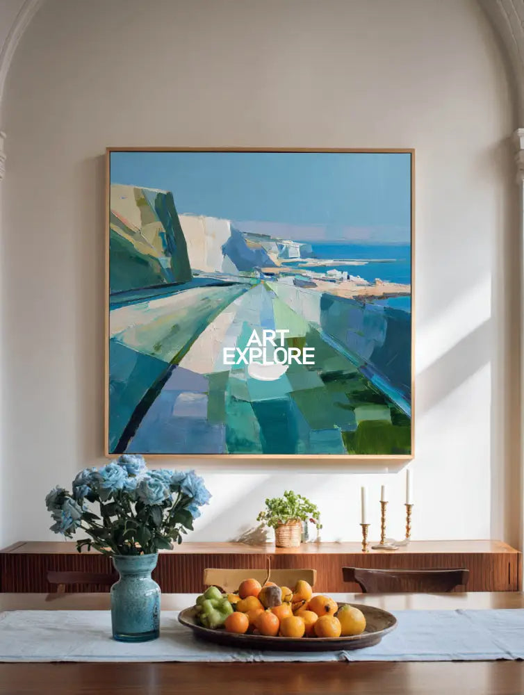 Modern Blue Texture Coastal Wall Art Blue Coastal Landscape Oil Painting for Home Decor, ArtExplore