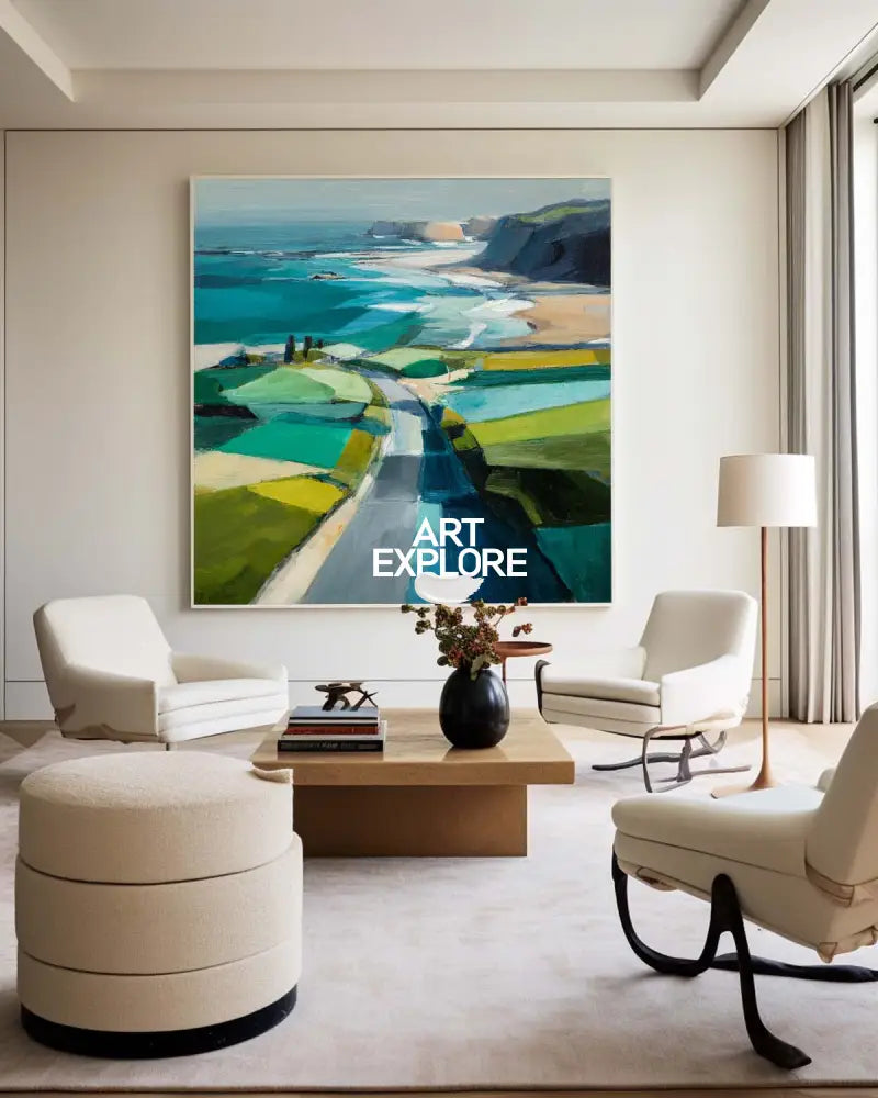 Blue Coastal Wall Art Large Blue Abstract Coastal Landscape Oil Painting For Office, ArtExplore