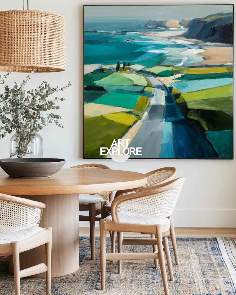 Blue Coastal Wall Art Large Blue Abstract Coastal Landscape Oil Painting For Living Room, ArtExplore