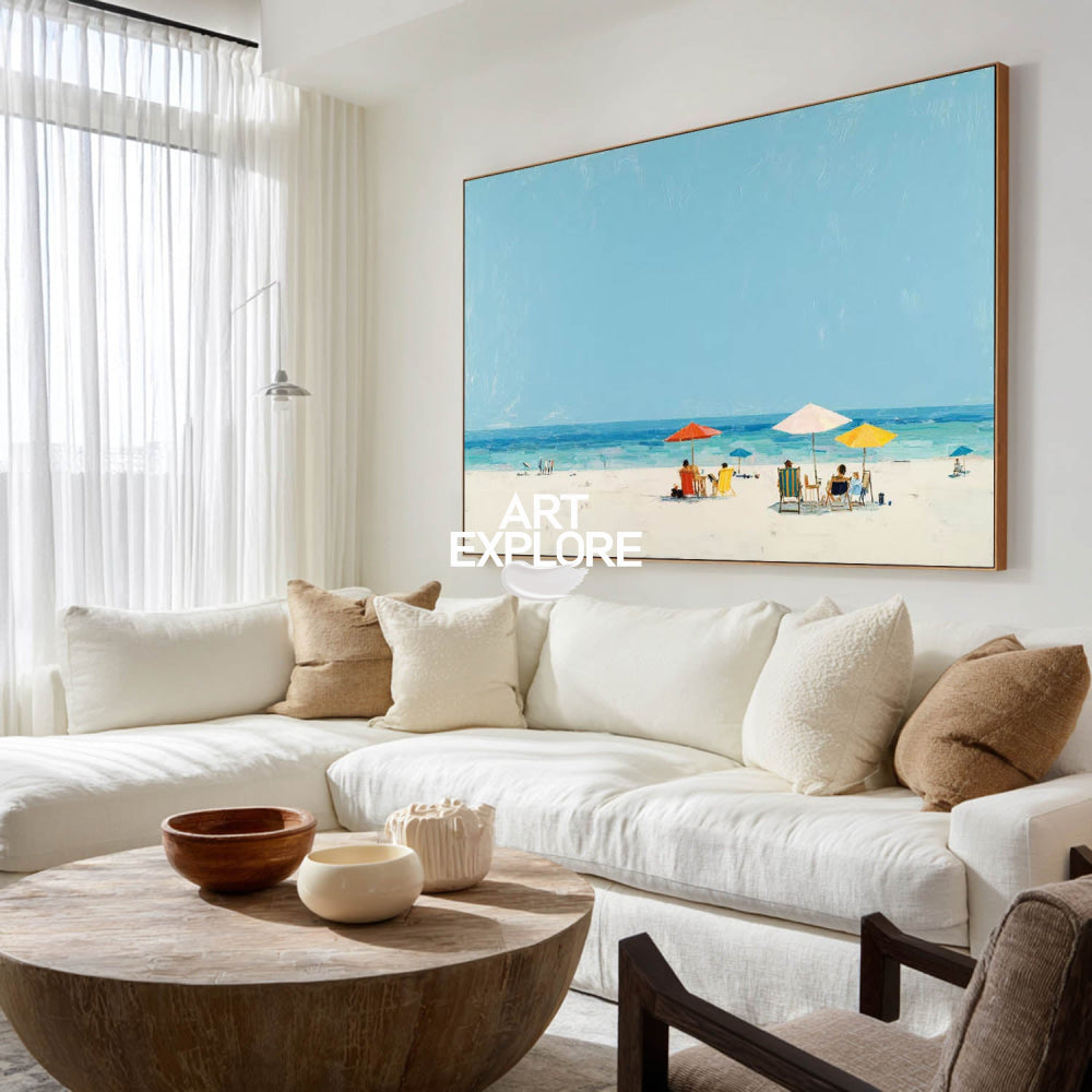 Abstract Beach Seascape Painting With Blue Sky And Umbrellas For Coastal Home Decor