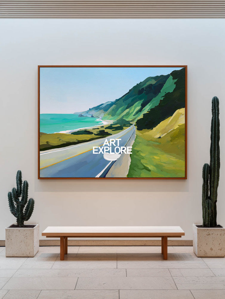 Abstract Coastal Road Landscape Painting With Ocean View For Modern Living Room Decor