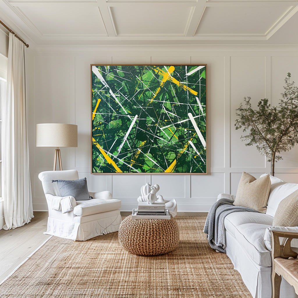 Modern Green And Yellow Abstract Wall Art Minimalist Painting on Canvas For Livingroom