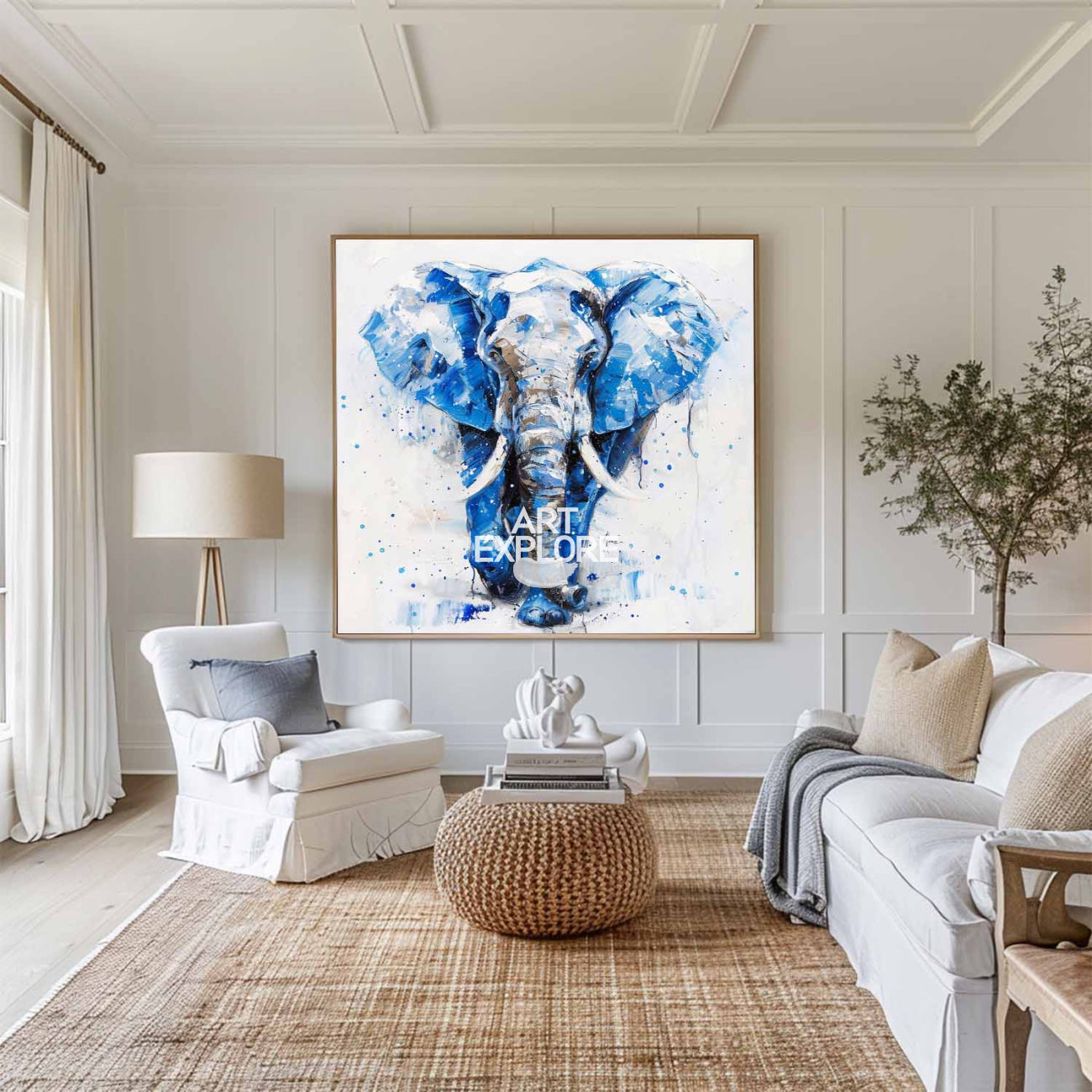 Large BLUE And White Elephant Canvas Palette  Oil Painting Original  Blue Elephant Abstract Contemporary Art Painting Wall Art Custom Canvas Paintings 