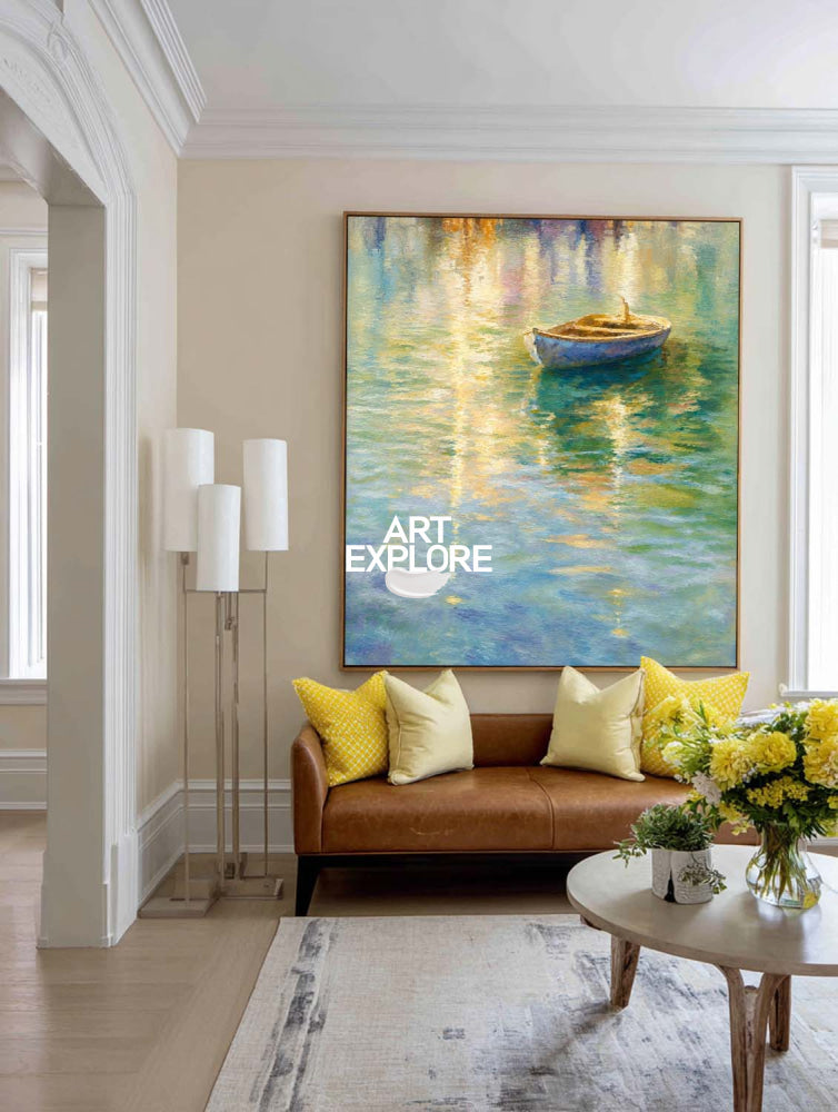 Modern Abstract Rowboat Painting For Living Room With Gold And Blue Tones