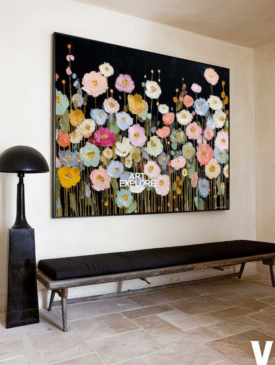 Modern Abstract Floral Painting With Gold Accents On Black Canvas For Living Room Decor