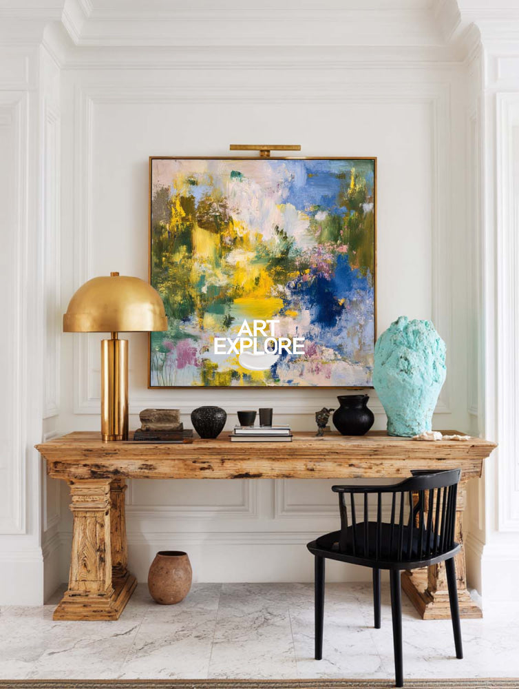 Vibrant Yellow And Blue Abstract Art Original Oil Painting On Linen Canvas For Modern Living Room Decor