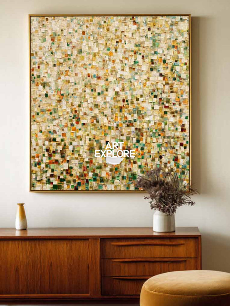 Abstract Mosaic Oil Painting With Vibrant Green And Gold Tones For Modern Living Room Decor