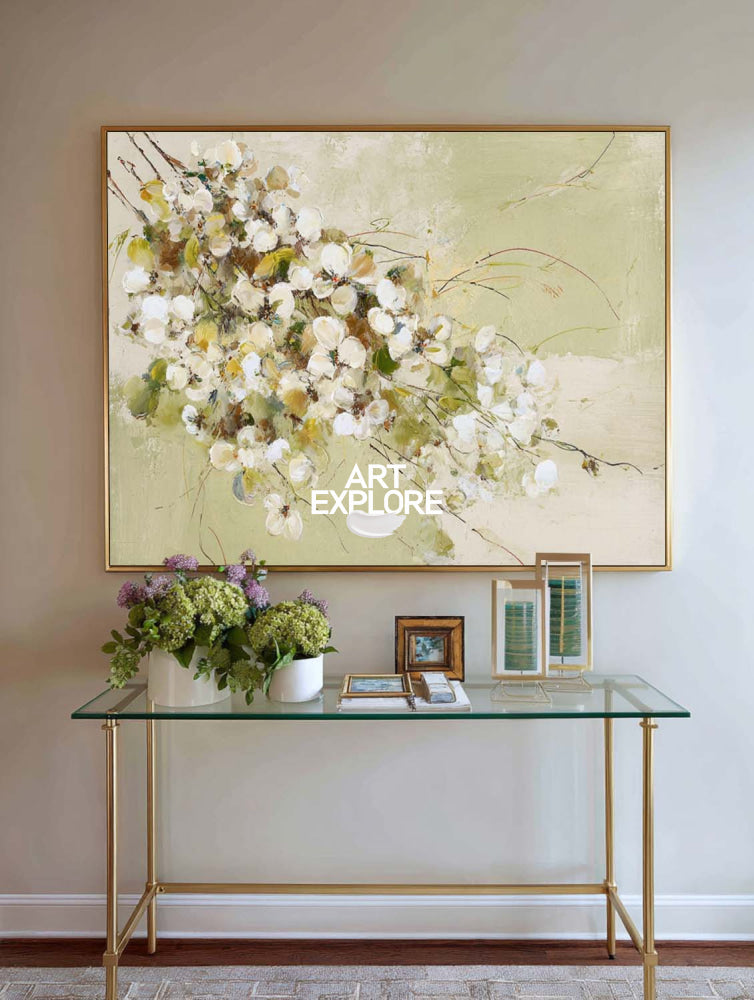 Modern Floral Oil Painting With Textured Green And White Blossoms For Living Room Decor