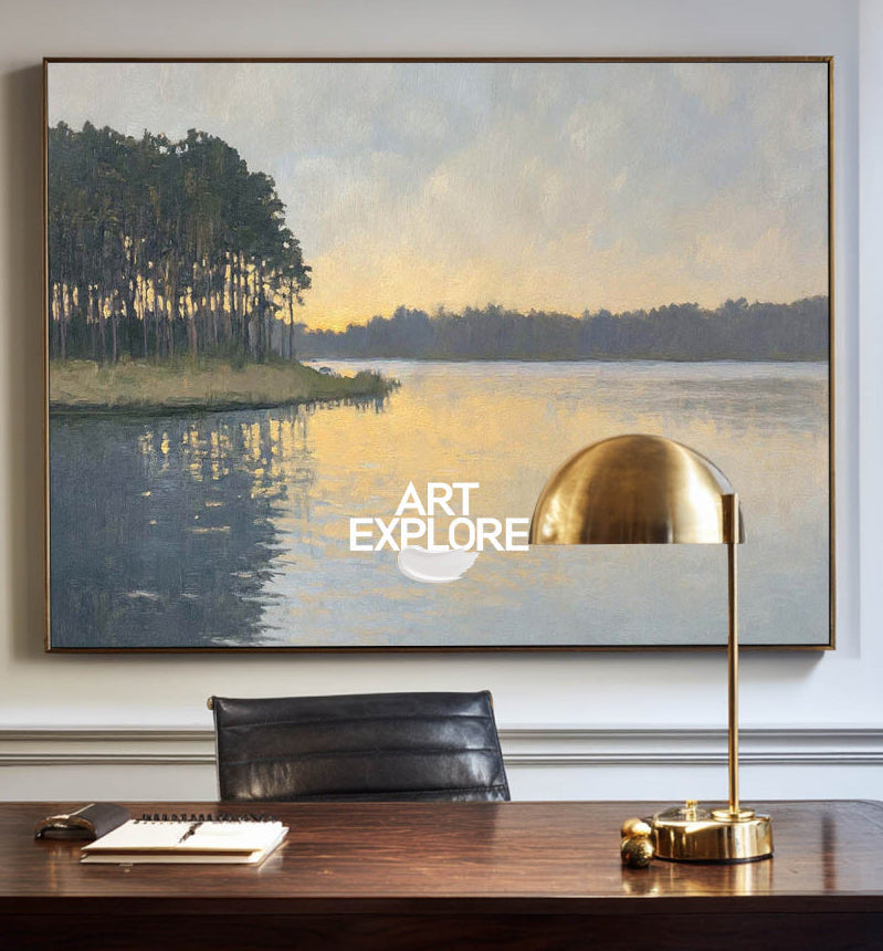 Serene Sunset Lake Painting With Forest Reflections For Modern Living Room Decor