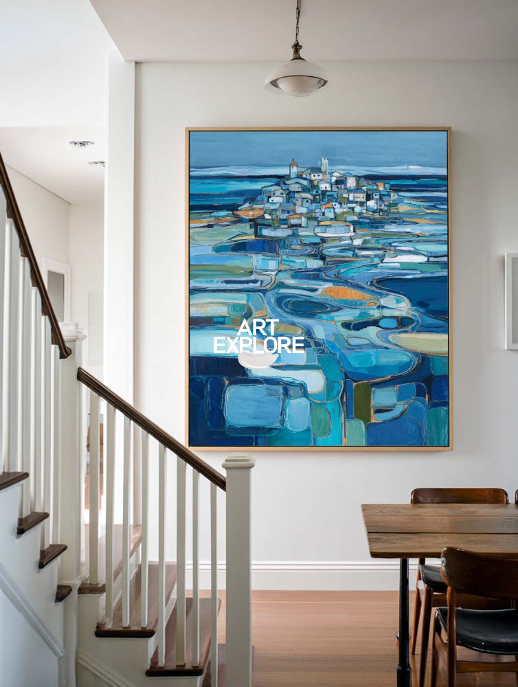 Blue And Orange Abstract Landscape Art With Textured Brushstrokes On Linen Canvas