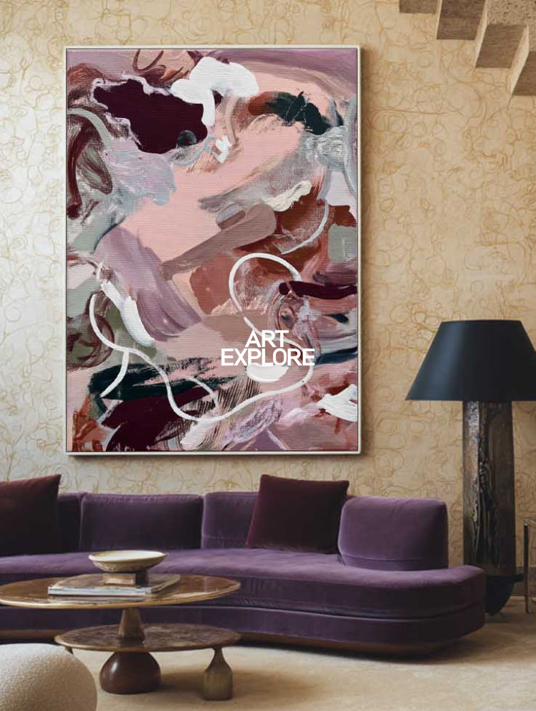 Modern Pink Abstract Painting Vertical Canvas Wall Art For Contemporary Living Room Decor