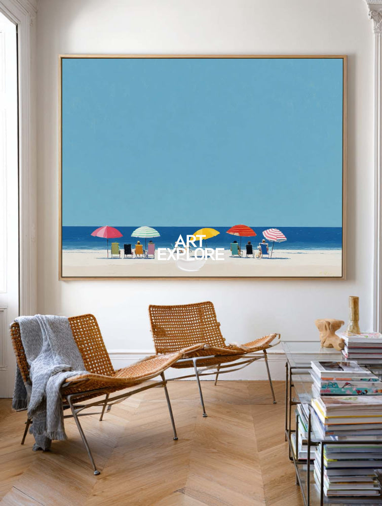 Vibrant Beach Seascape Painting With Colorful Umbrellas For Modern Coastal Home Decor