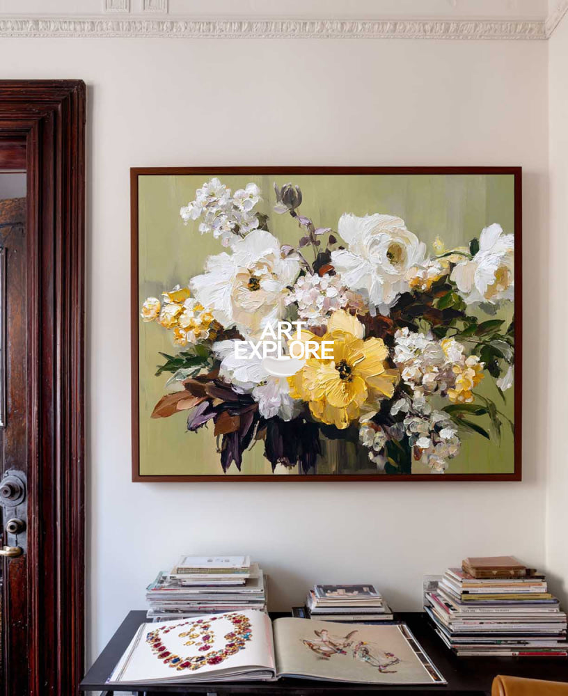 Modern Abstract Floral Oil Painting White Yellow Blossoms Textured Canvas Art For Home