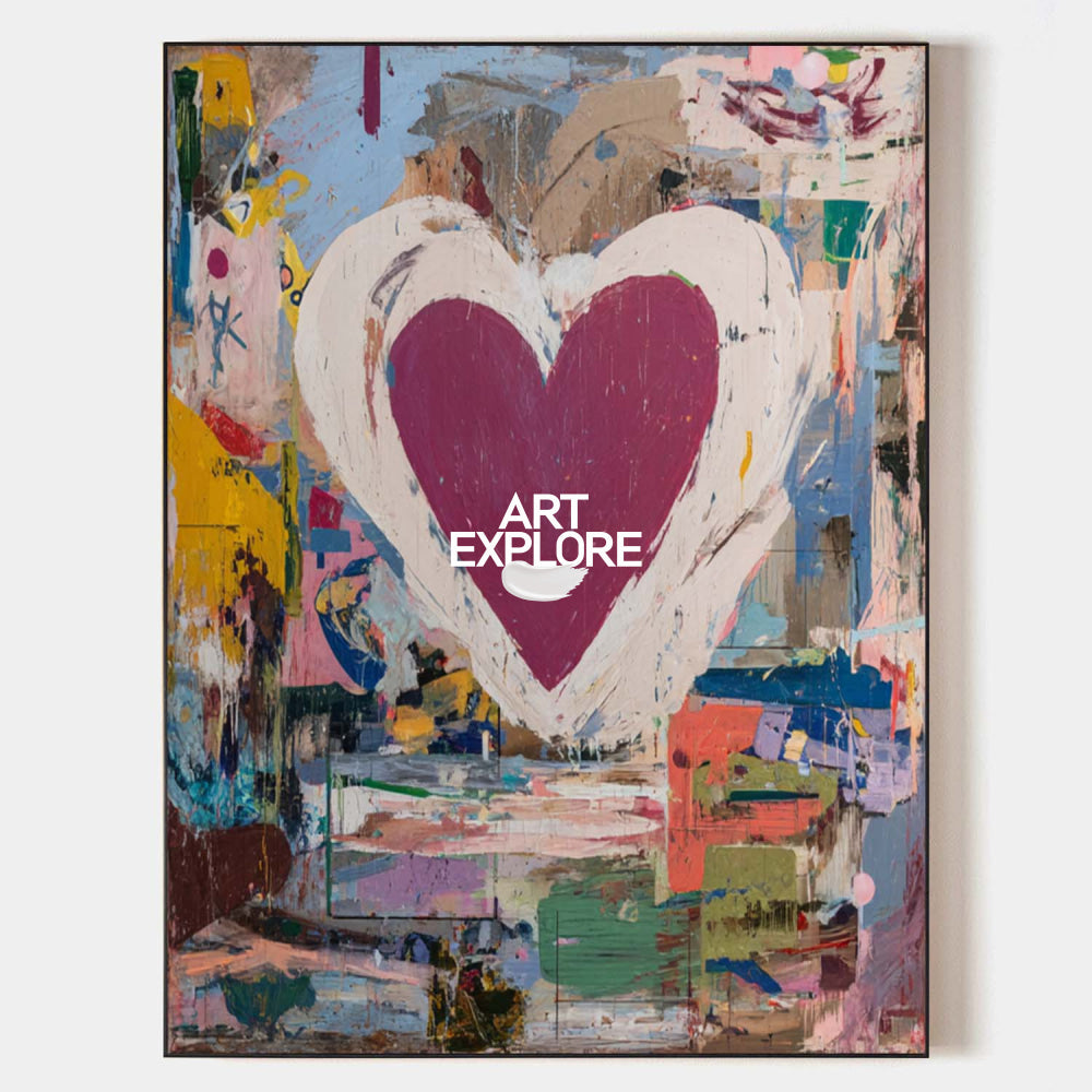 Original Abstract Heart Painting With Colorful Texture For Modern Living Room And Bedroom Decor
