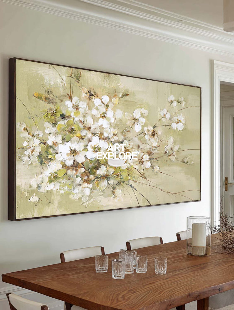 Modern Abstract Floral Painting White Blossoms On Sage Green Canvas For Living Room Decor