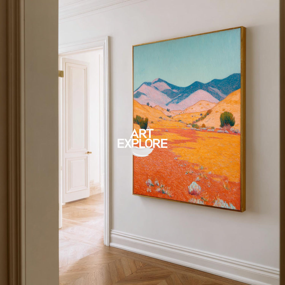Abstract Desert Landscape Painting With Textured Orange And Blue Hues For Modern Home Decor