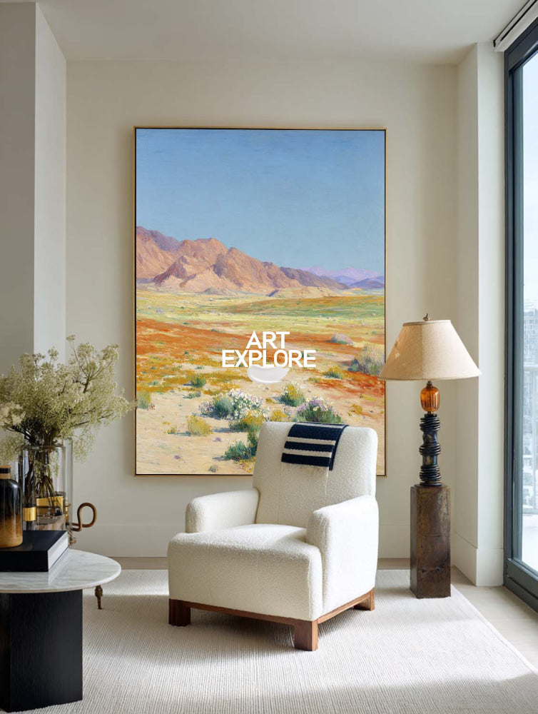 Modern Abstract Desert Mountain Landscape Painting With Wildflowers For Living Room