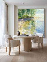 Textured Impressionist Lake Scene Oil Painting With Golden Accents For Modern Interior Design