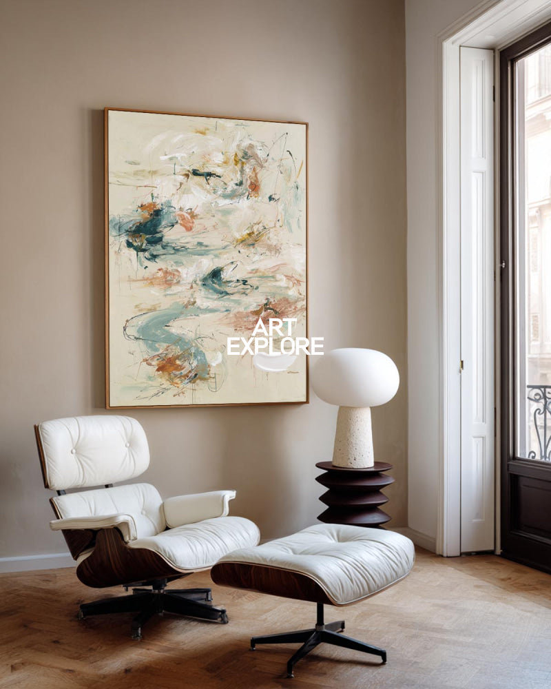 Large Abstract Expressionist Painting In Beige And Green For Modern Home Decor