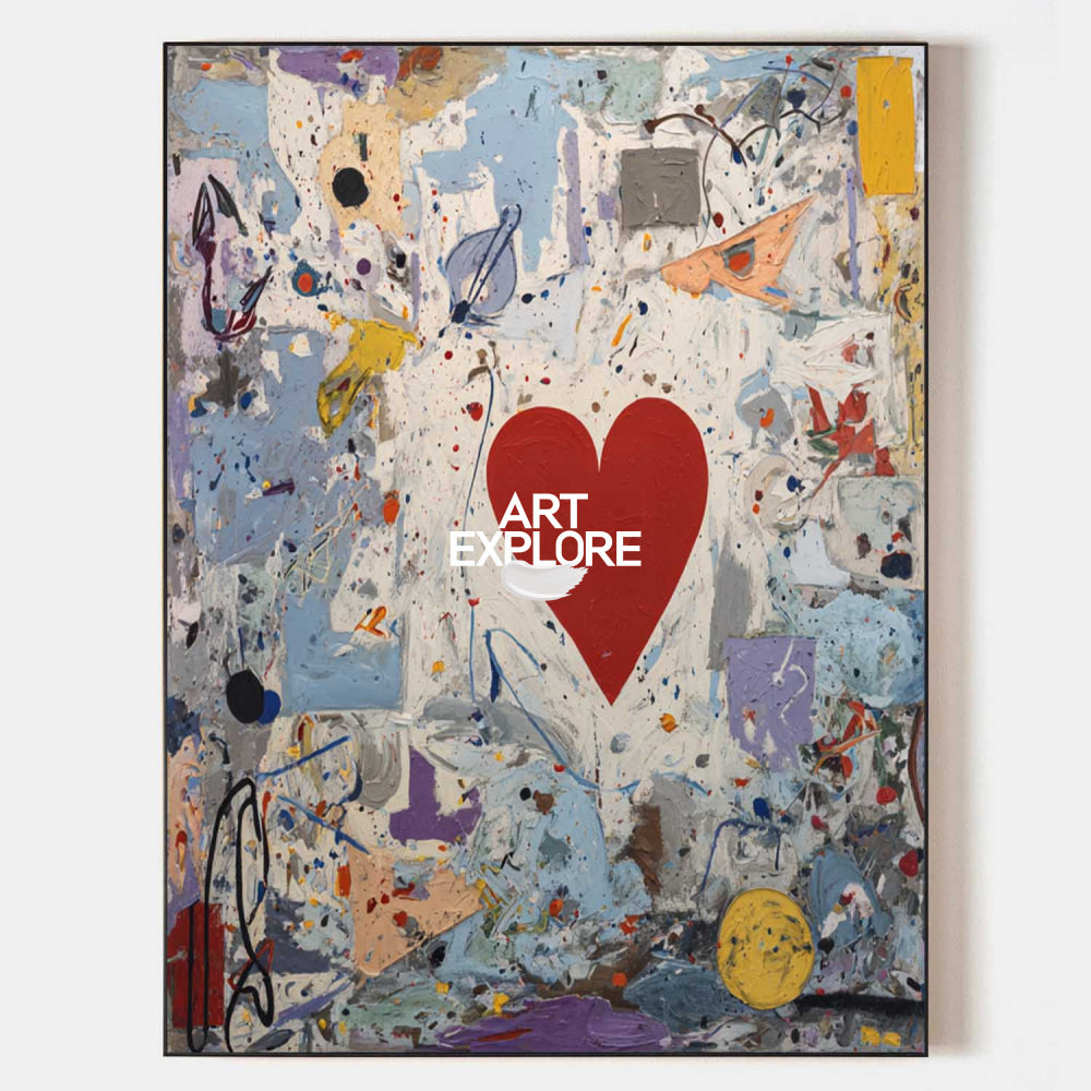 Vibrant Red Heart Abstract Painting Modern Art For Living Room Wall Decor