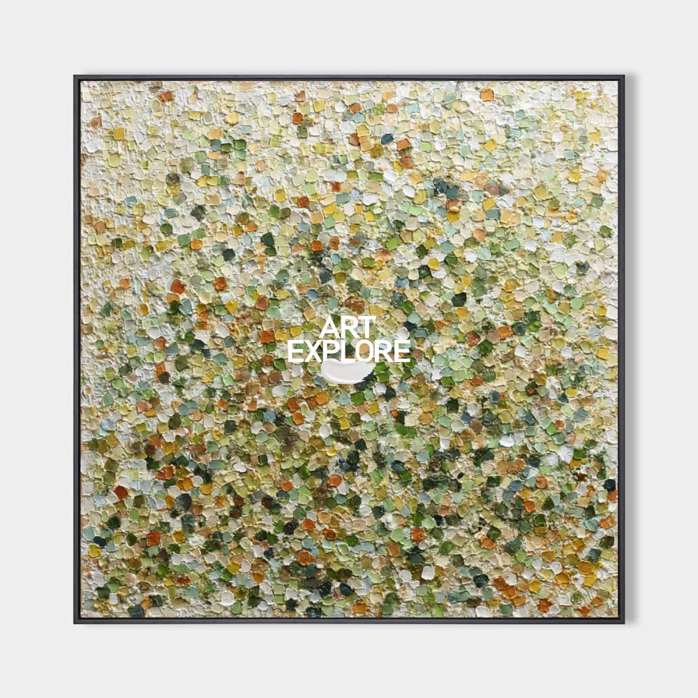 Modern Green Abstract Pointillist Art With Textured Canvas For Living Room Decor