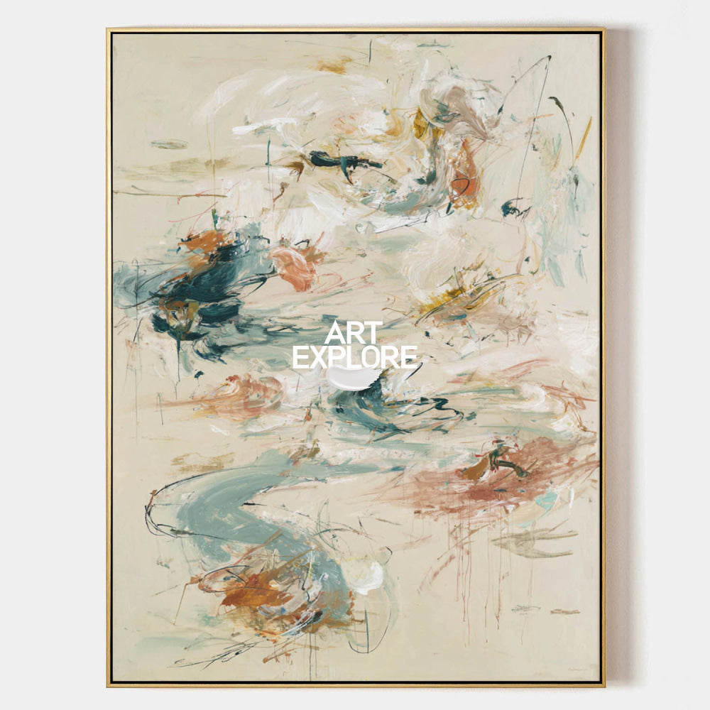 Large Abstract Expressionist Painting In Beige And Green For Modern Home Decor