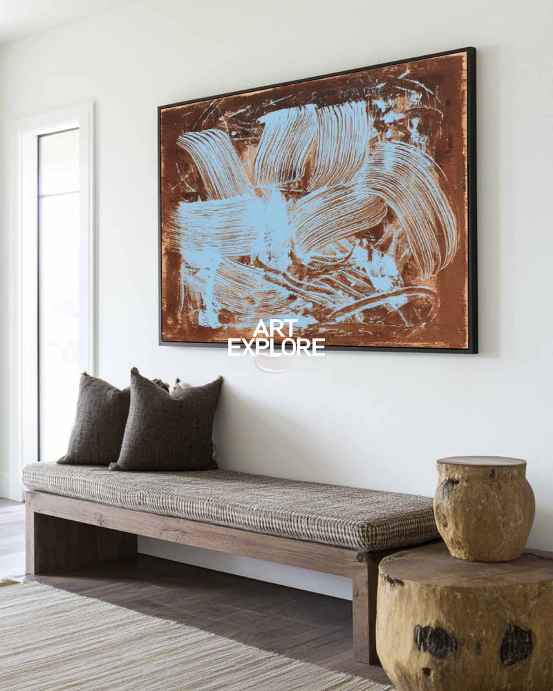 Modern Abstract Painting With Blue And Brown Textured Brushstrokes For Living Room Decor