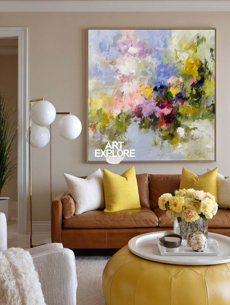 Square Abstract Meadow Painting In Pink Purple Green Yellow Blue For Bedroom Wall Art