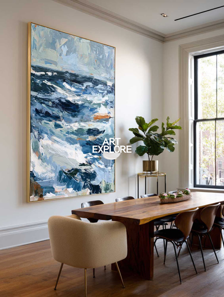 Original Abstract Seascape Painting Blue Wave Art For Living Room Decor