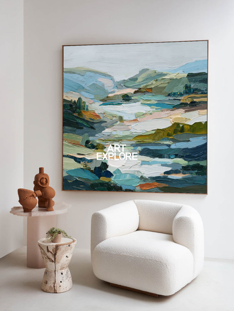 Abstract Green Hill Landscape Painting With Textured Brushstrokes For Modern Home Decor
