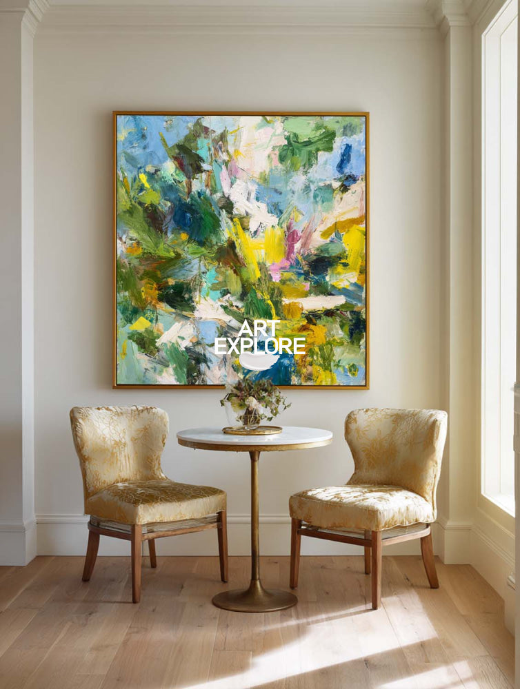 Vibrant Green Abstract Oil Painting With Impressionist Flair For Modern Home Decor