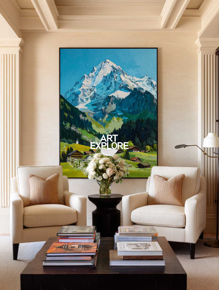 Original Textured Alpine Village Painting With Snow Mountain For Modern Living Room Decor