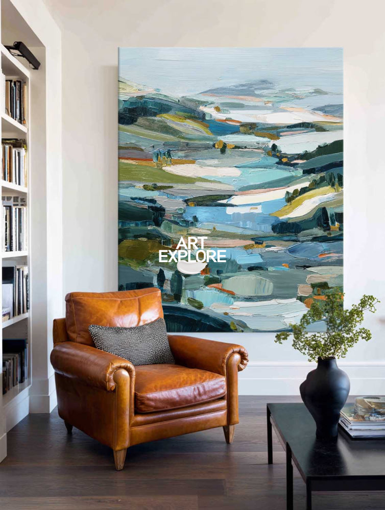 Original Textured Nature Art With Impasto Technique Blue Green Hills On Premium Linen Canvas