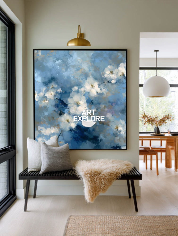 Modern Blue And White Floral Oil Painting On Canvas For Living Room Decor