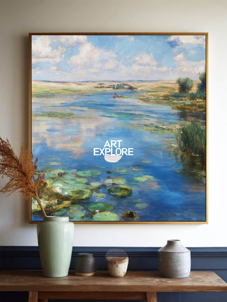 Original Impressionist Wetland Landscape Painting With Blue Sky And Green Water For Living Room Decor