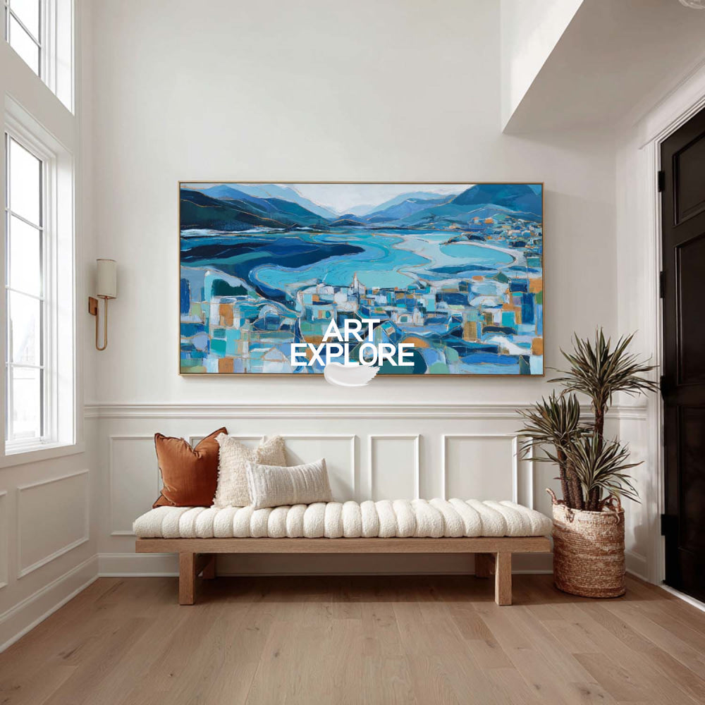 Abstract Coastal Seascape Painting With Gold Accents For Modern Living Room Decor