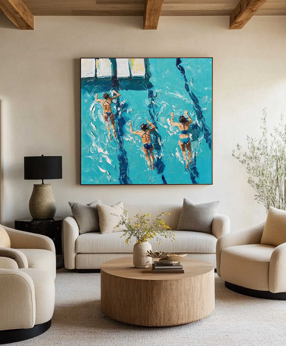 Large Swimming Painting Blue Swimming Textured Wall Art Modern Sport Painting For Sale