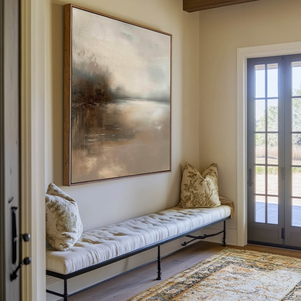 Dark Beige Lake View Painting Modern Landscape Canvas Painting Large Art For Livingroom