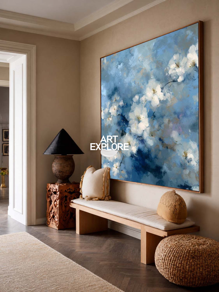 Modern Blue And White Floral Oil Painting On Canvas For Living Room Decor