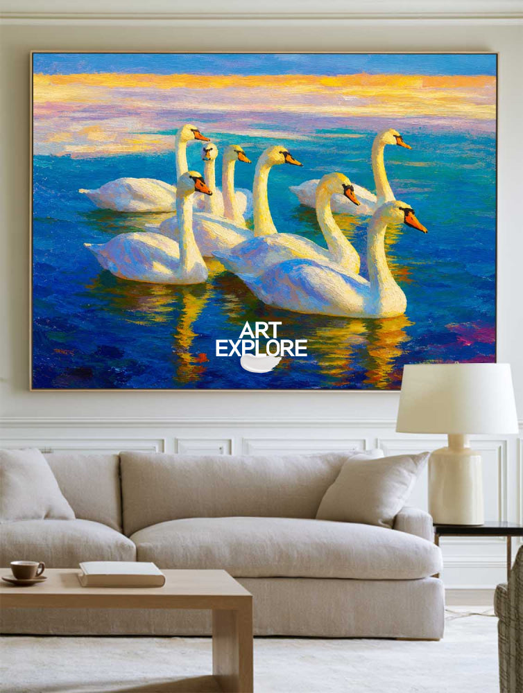 Original Oil Painting Of Swans On Blue Water With Gold Sunset Glow