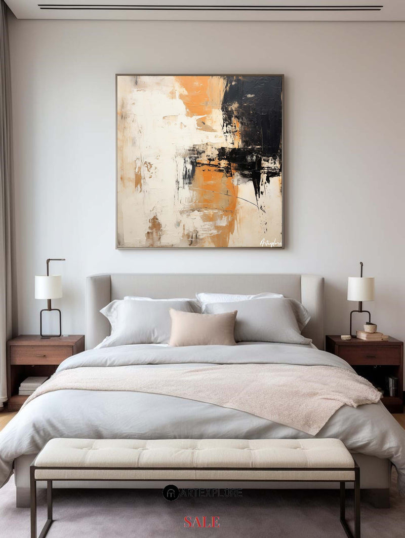 Beige Black Abstract Canvas Painting Wabi-sabi Textured Painting Modern Abstract Wall Art