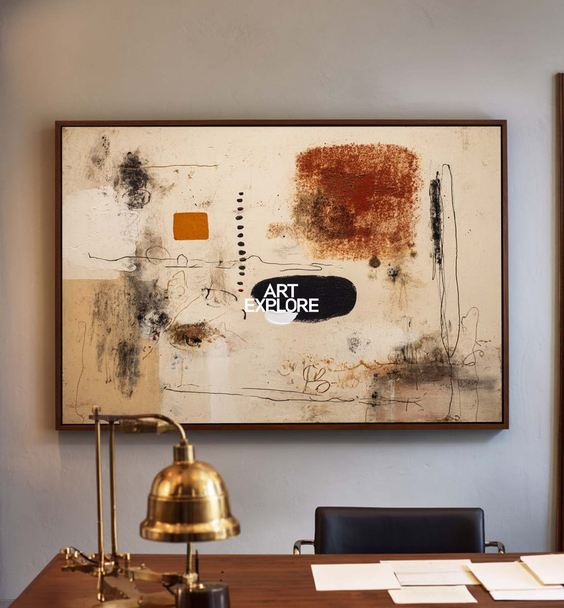 Large Modern Abstract Painting With Earthy Beige And Black Tones For Living Room Decor