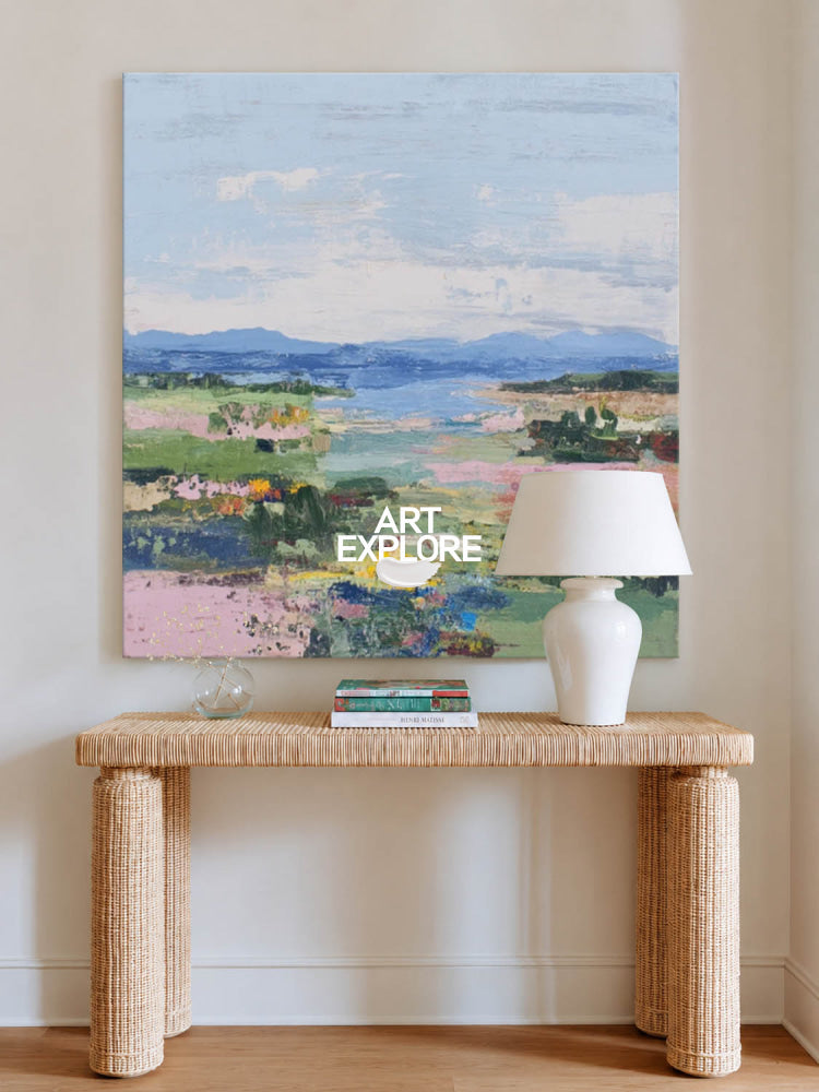 Modern Textured Landscape Painting With Colorful Meadow For Contemporary Home Decor