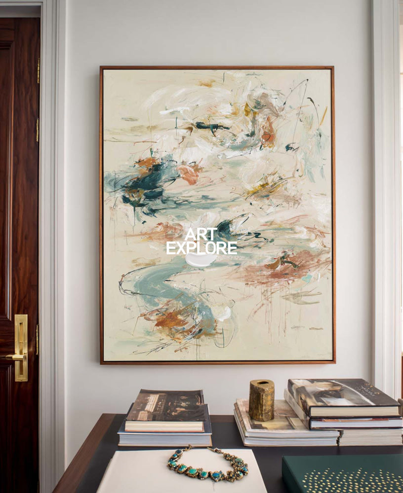 Large Abstract Expressionist Painting In Beige And Green For Modern Home Decor