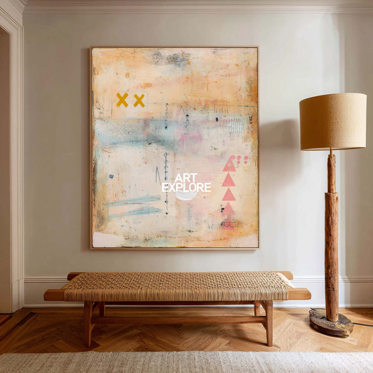 Modern Abstract Art Painting Beige And Pink For Contemporary Living Room Decor