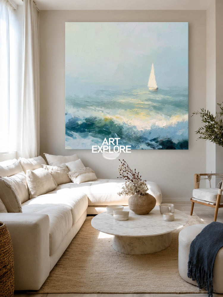 Textured Seascape Oil Painting With Sailboat For Modern Coastal Home Decor
