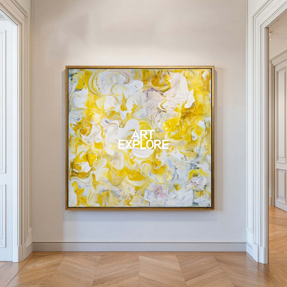 Vibrant Yellow Abstract Painting For Modern Living Room With Dynamic Brushstrokes