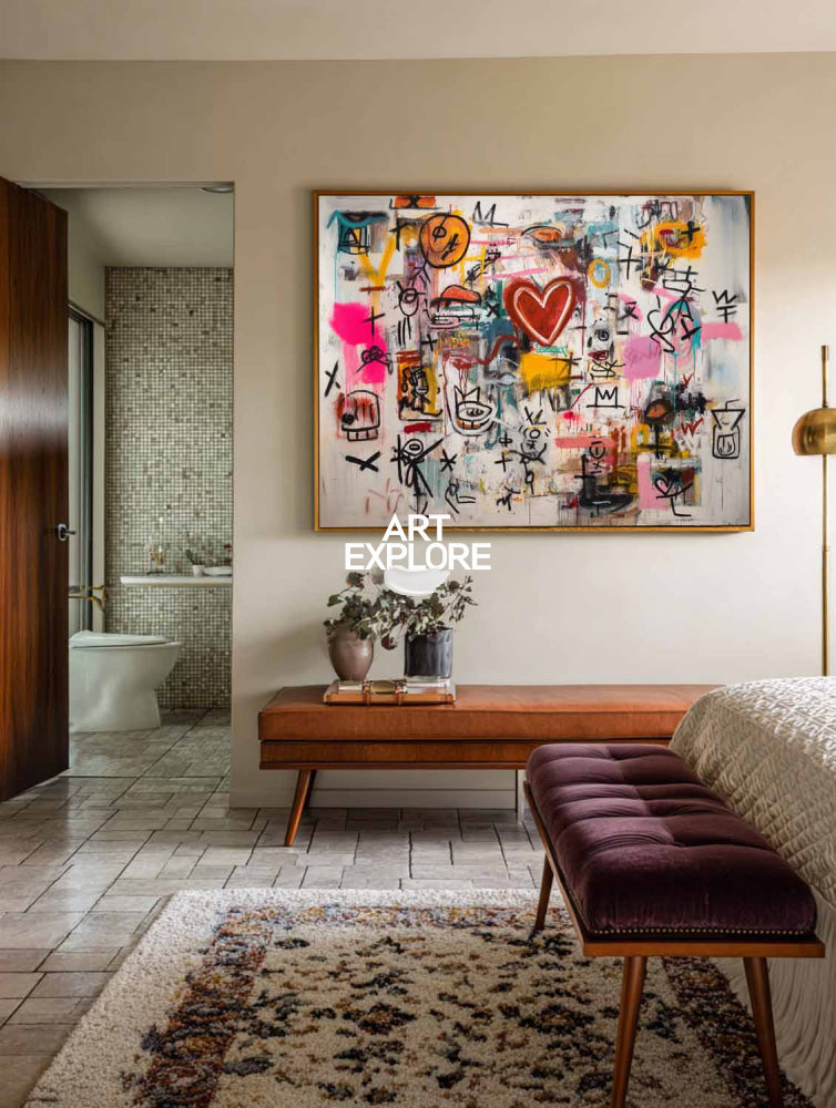 Vibrant Graffiti Abstract Art With Red Heart For Modern Living Room Decor