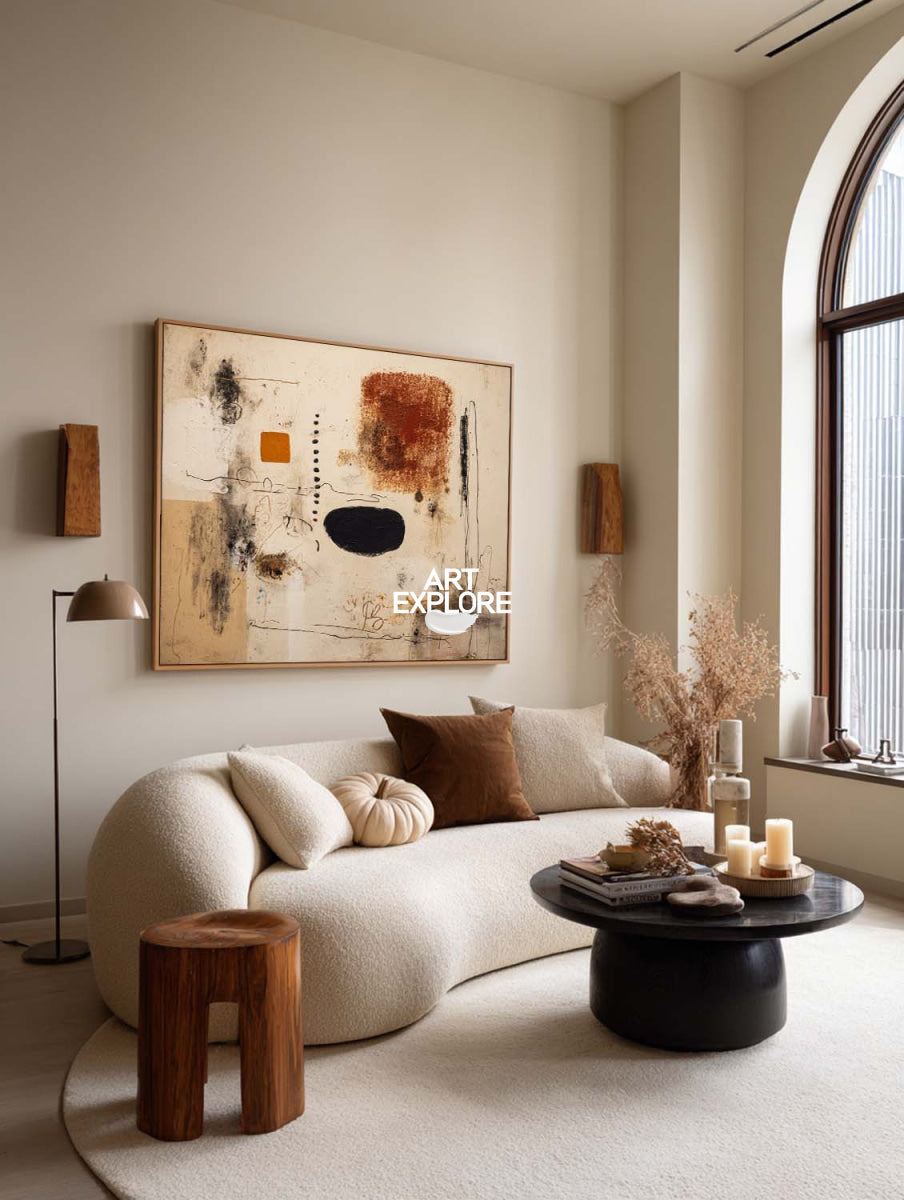 Large Modern Abstract Painting With Earthy Beige And Black Tones For Living Room Decor