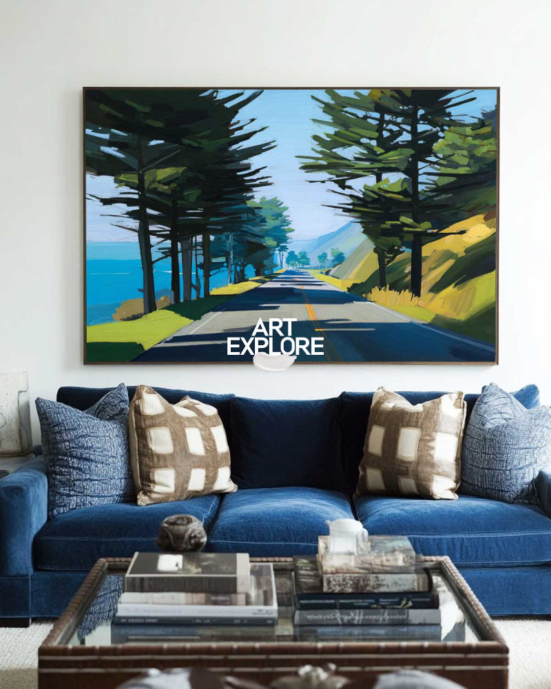 Abstract Coastal Highway Landscape Painting With Blue Green Tones For Modern Home Decor